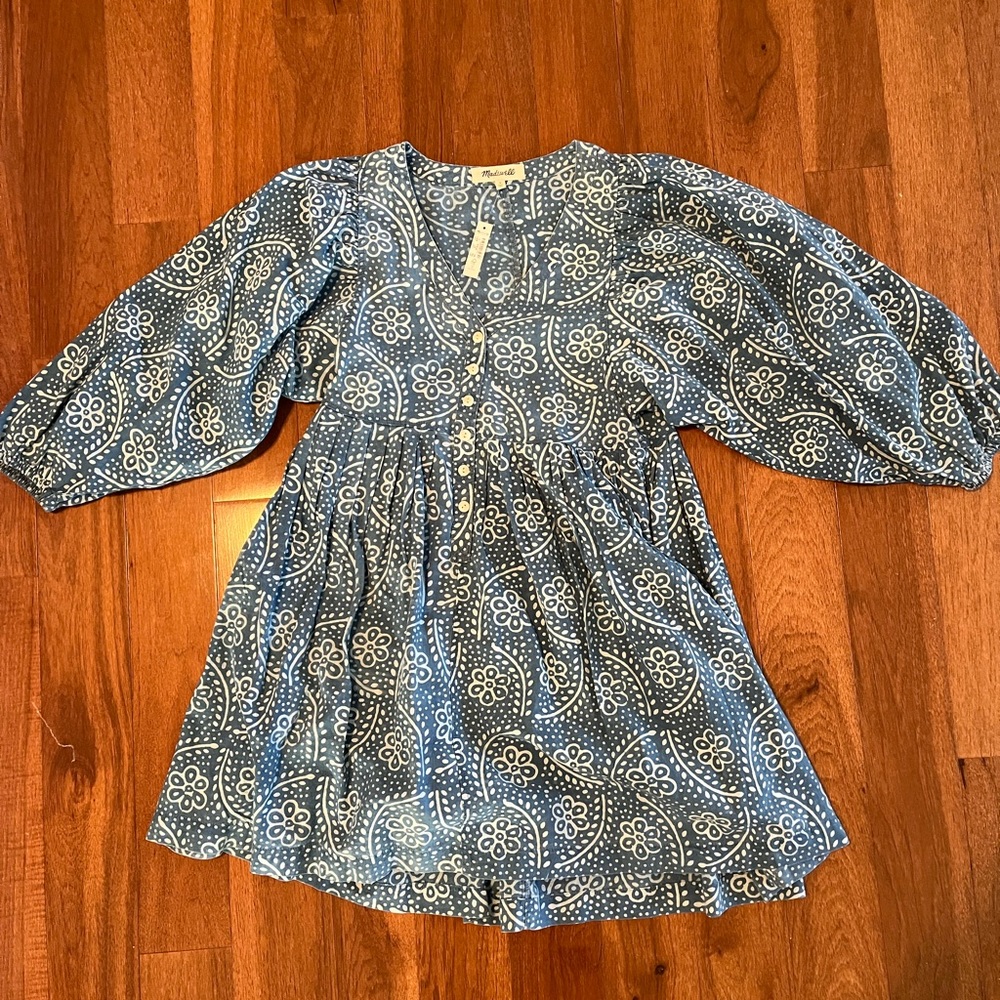 Madewell BUBBLE-SLEEVE BUTTON-FRONT MINI DRESS IN INDIGO PAISLEY Size small